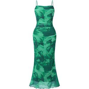 🆕 Women Green Mesh Sexy Cami Long Dresses Floral Slip Maxi RuchedSummer Bodycon